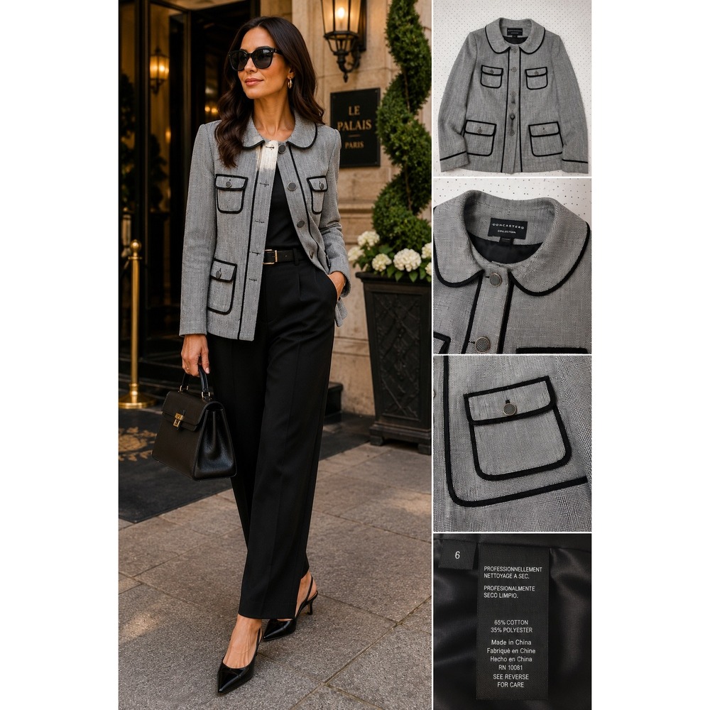 Doncaster Collection Jacket Womens 6 Gray Black Trim 4 Pocket Mod Blazer